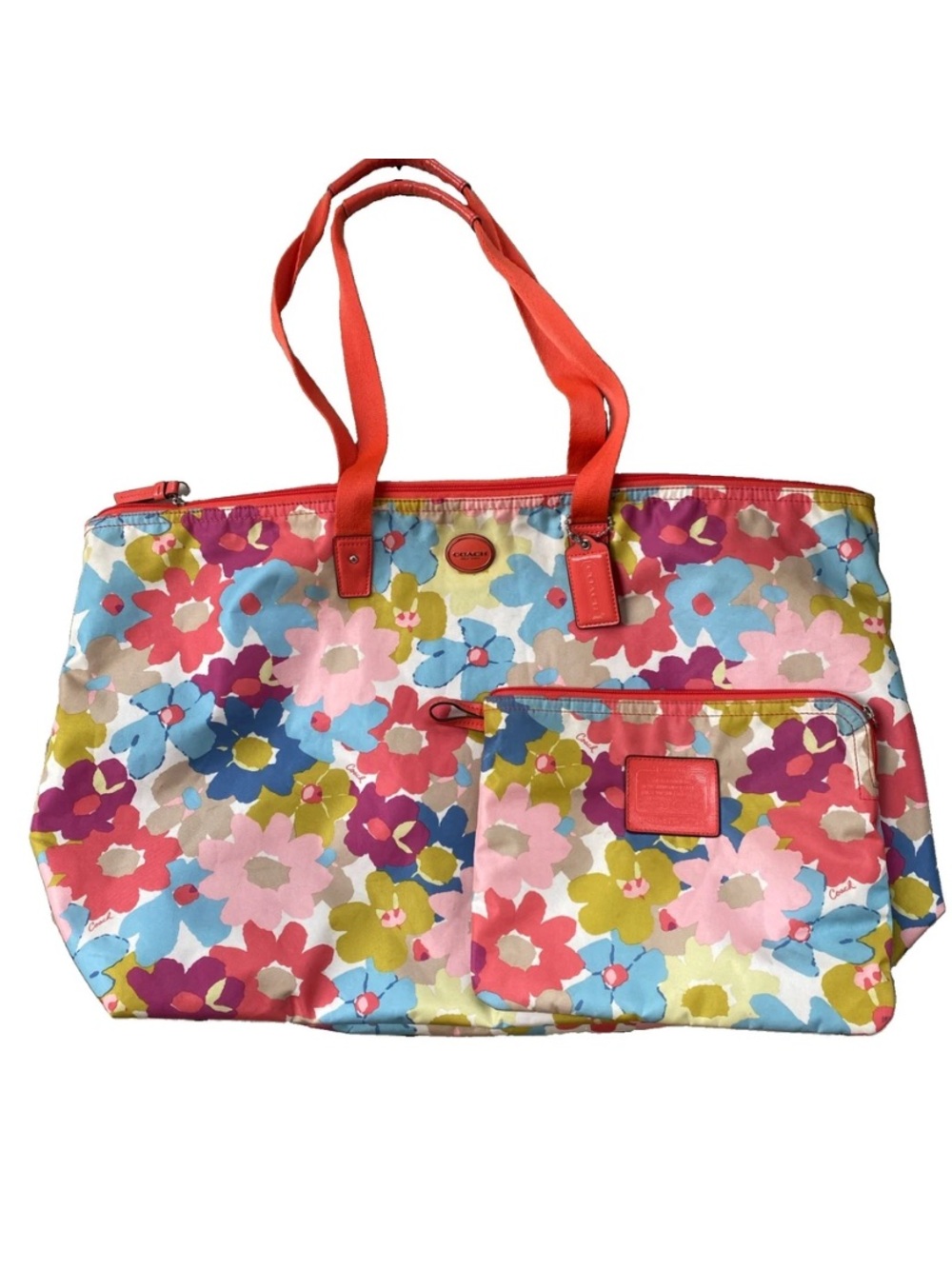 Coach Floral Nylon Tote Bag & Matching Pouch Set Large Bright Multi Color summer